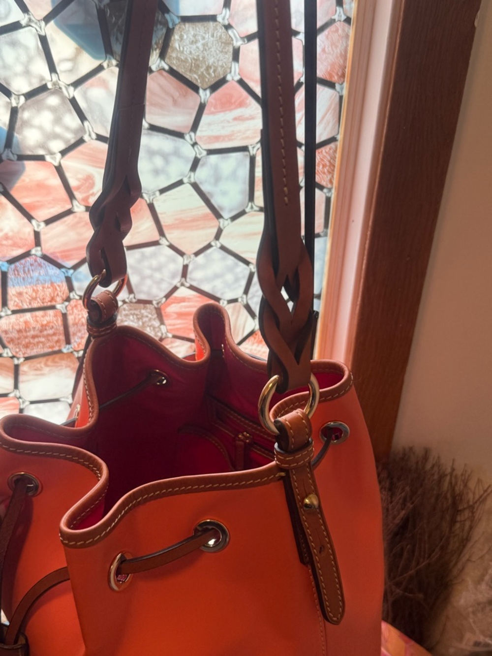 Dooney & Bourke Coral Pebbled Leather Drawstring Bucket Bag with matching wallet - Picture 10 of 13